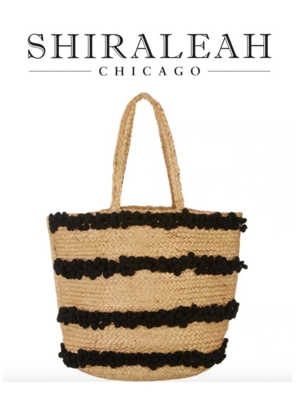 Shiraleah Natural and Black Aubrey Jute PomPom Tote